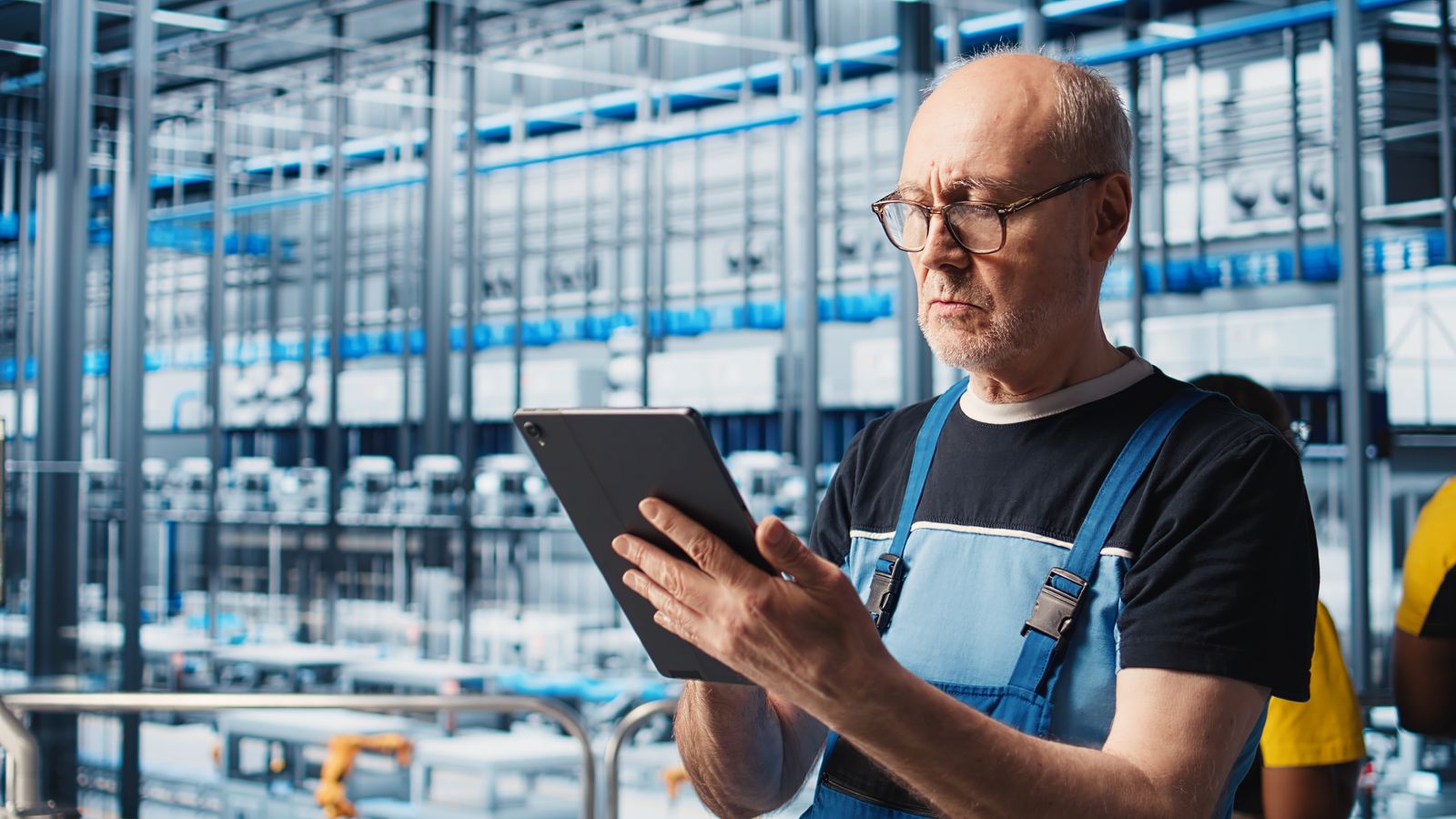 Engenheiro consultando dados de produção no tablet em uma fábrica automatizada